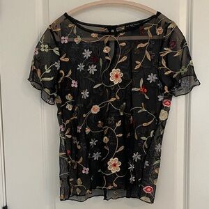 See you Monday Mesh/ Black Sheer embroidered Floral Blouse